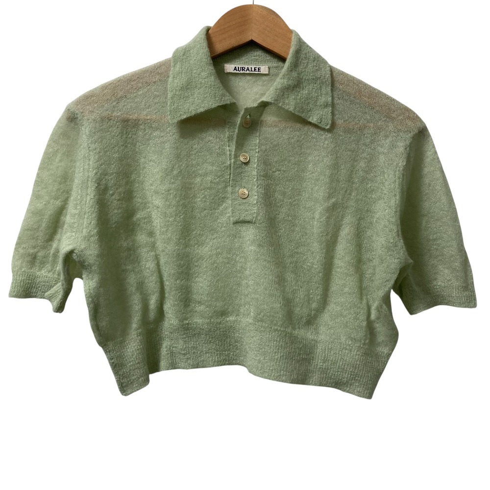 美品 24SS AURALEE オーラリー KID MOHAIR SHEER KNIT SHORT POLO モヘアシアーニットショートポロシャツ サイズ0 グリーン拍卖