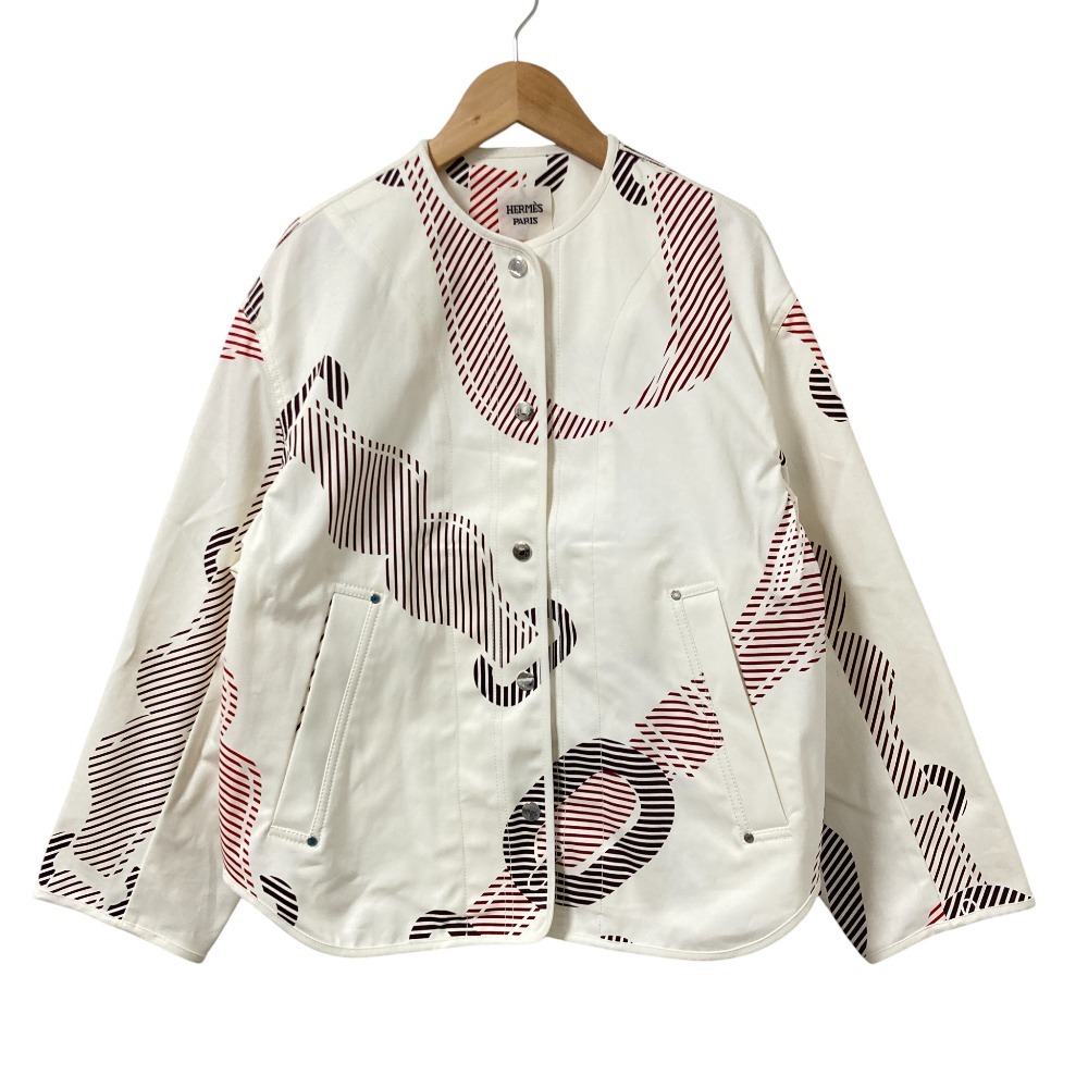 良品 25SS HERMES エルメス Coaching Remix プリント コットン ブルゾン ジャケット 5E0173DF サイズ34 ホワイト拍卖