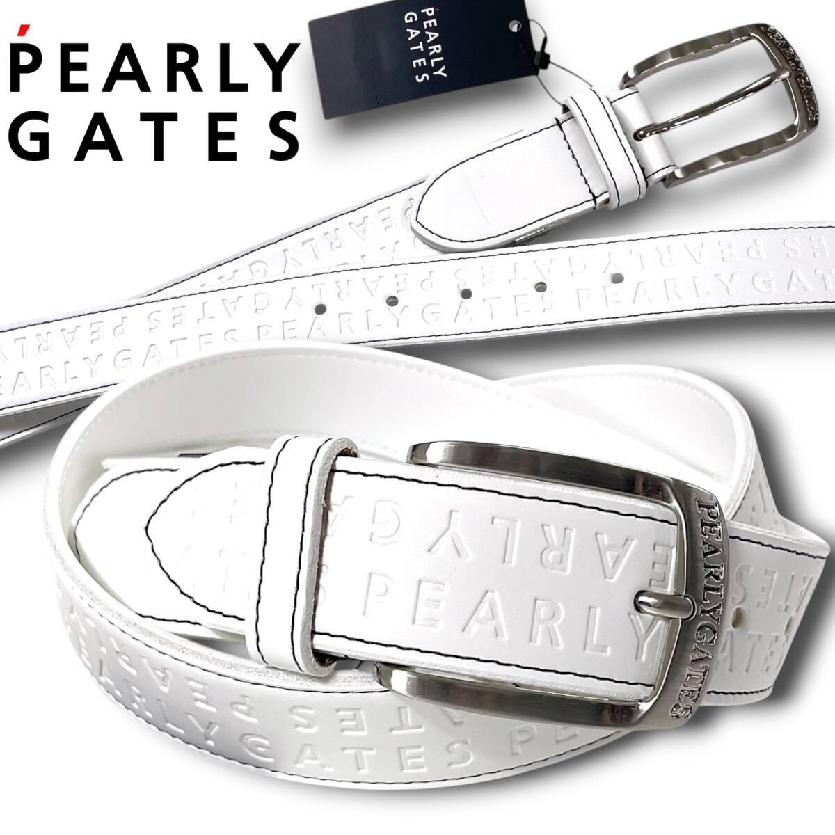 新品 PEARLY GATES パーリーゲイツ 定価19800円 日本製 ロゴ型押し ロゴ刻印バックル レザー ベルト ユニセックス ゴルフグッズ 031 P3118拍卖