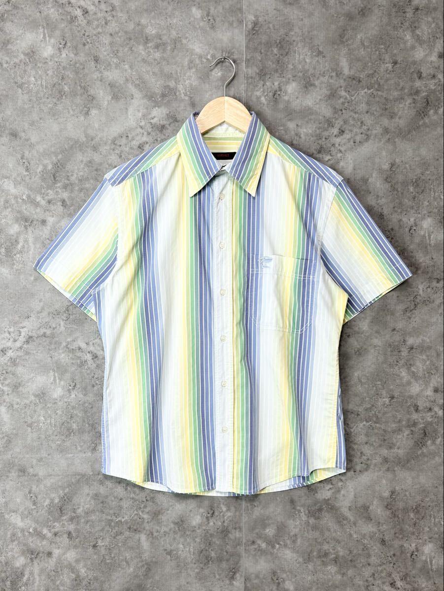 00s ルーマニア製 VERSACE SPORT ヴェルサーチ GIANNI VERSACE マルチストライプ 半袖シャツ ブルー グリーン イエロー拍卖
