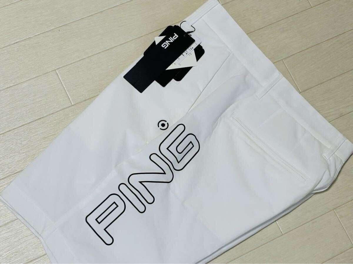 新品★ピン ゴルフ PING GOLF サイドPINGビッグロゴ 吸水速乾 撥水 ストレッチ ショートパンツ/ホワイト/サイズL拍卖