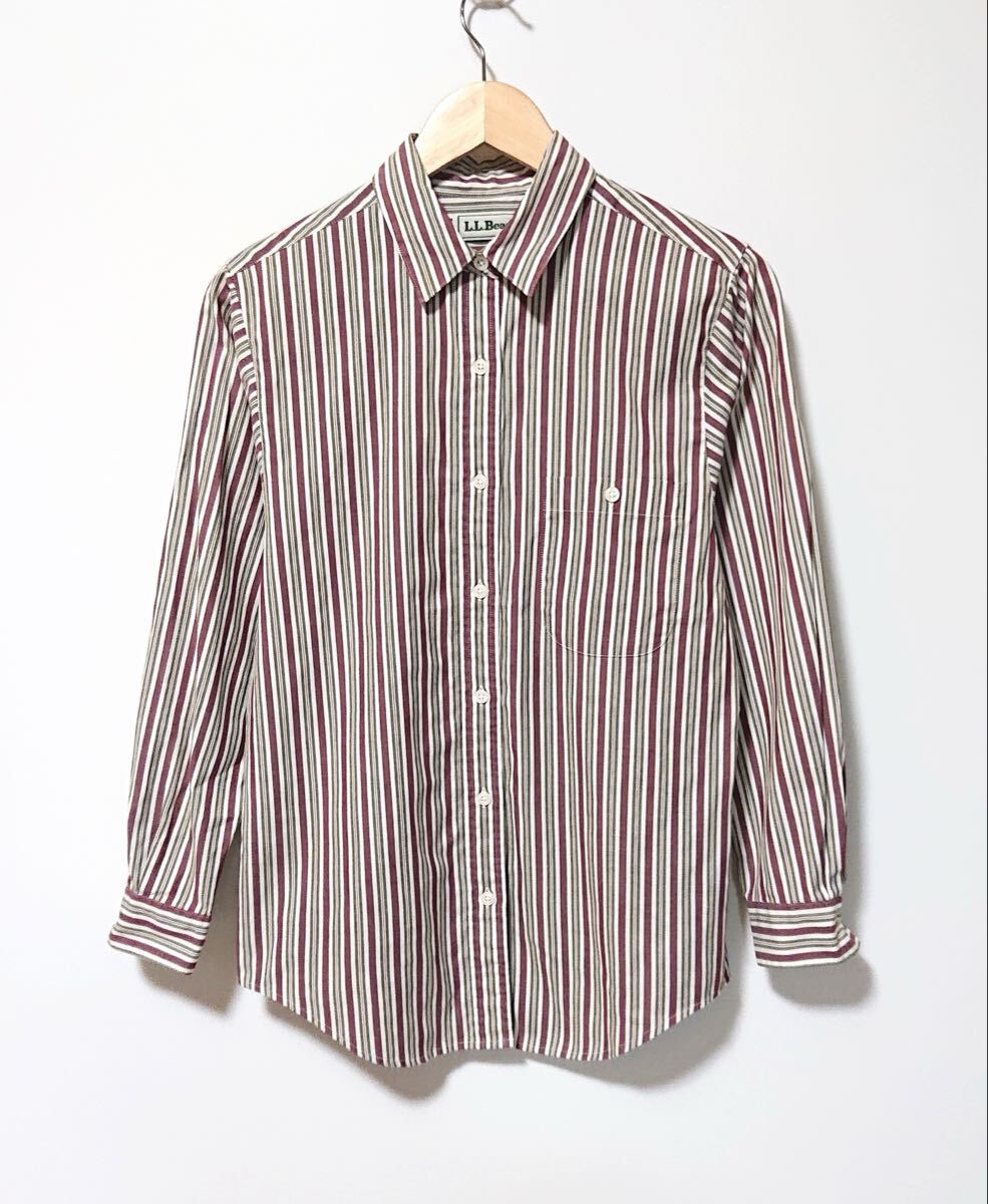 h6901gg L.L.Bean(エルエルビーン) サイズ4(M位) 長袖シャツ ストライプ レッド×カーキ レディース おしゃれ 着まわしコーデ 羽織り拍卖
