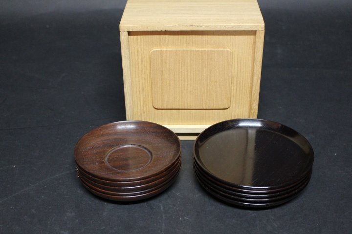 大阪唐木 銘々皿 茶托 揃え 5客と5枚 共箱 A 紫檀拍卖