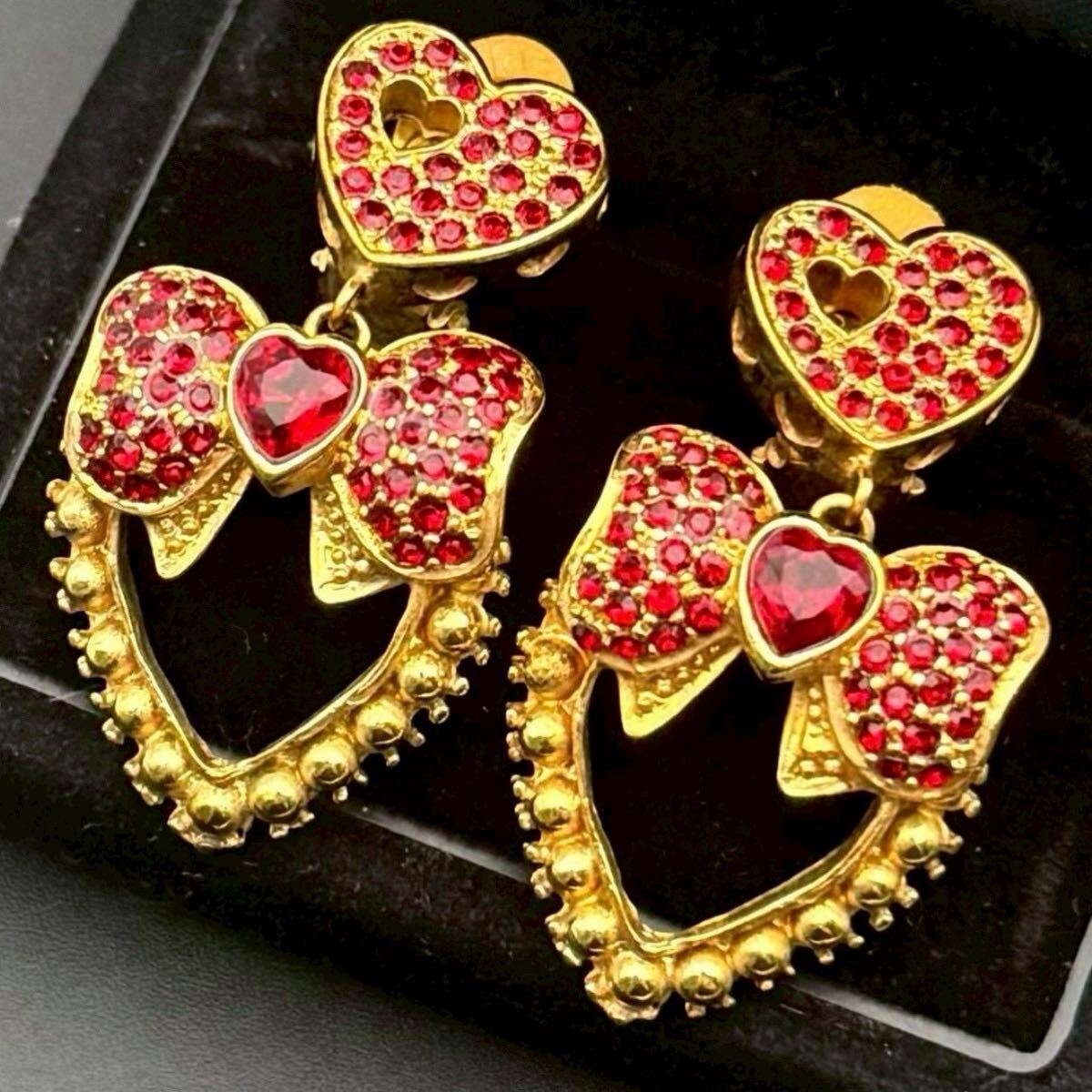 【超希少・極美品】Dolce&Gabbana ドルチェ&ガッバーナ イヤリング ハート リボン ラインストーン カラーストーン ゴールド 大ぶり拍卖