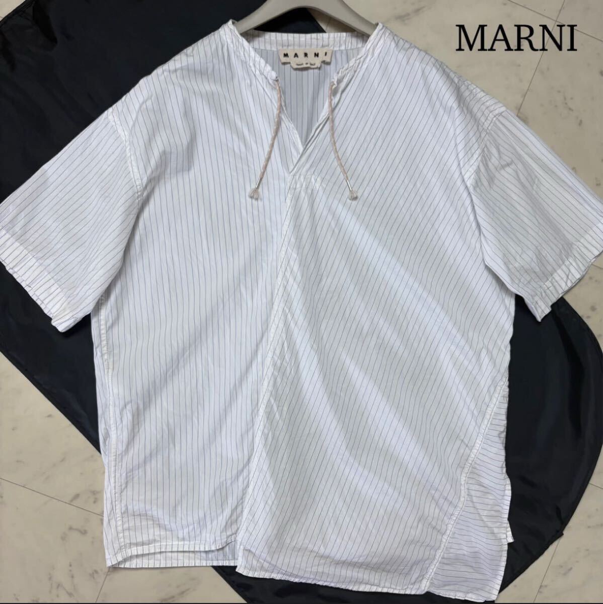 極美品/XL相当★ マルニ MARNI アシンメトリー スキッパー シャツ 半袖 カットソー トップス 大きいサイズ ストライプ イタリア製 メンズ拍卖