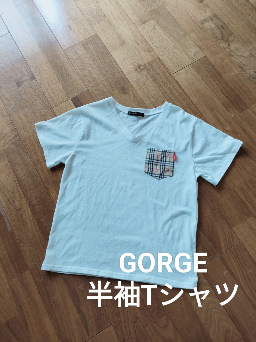 GORGE ポケットチェック柄 Vネック 半袖 Tシャツ 白拍卖