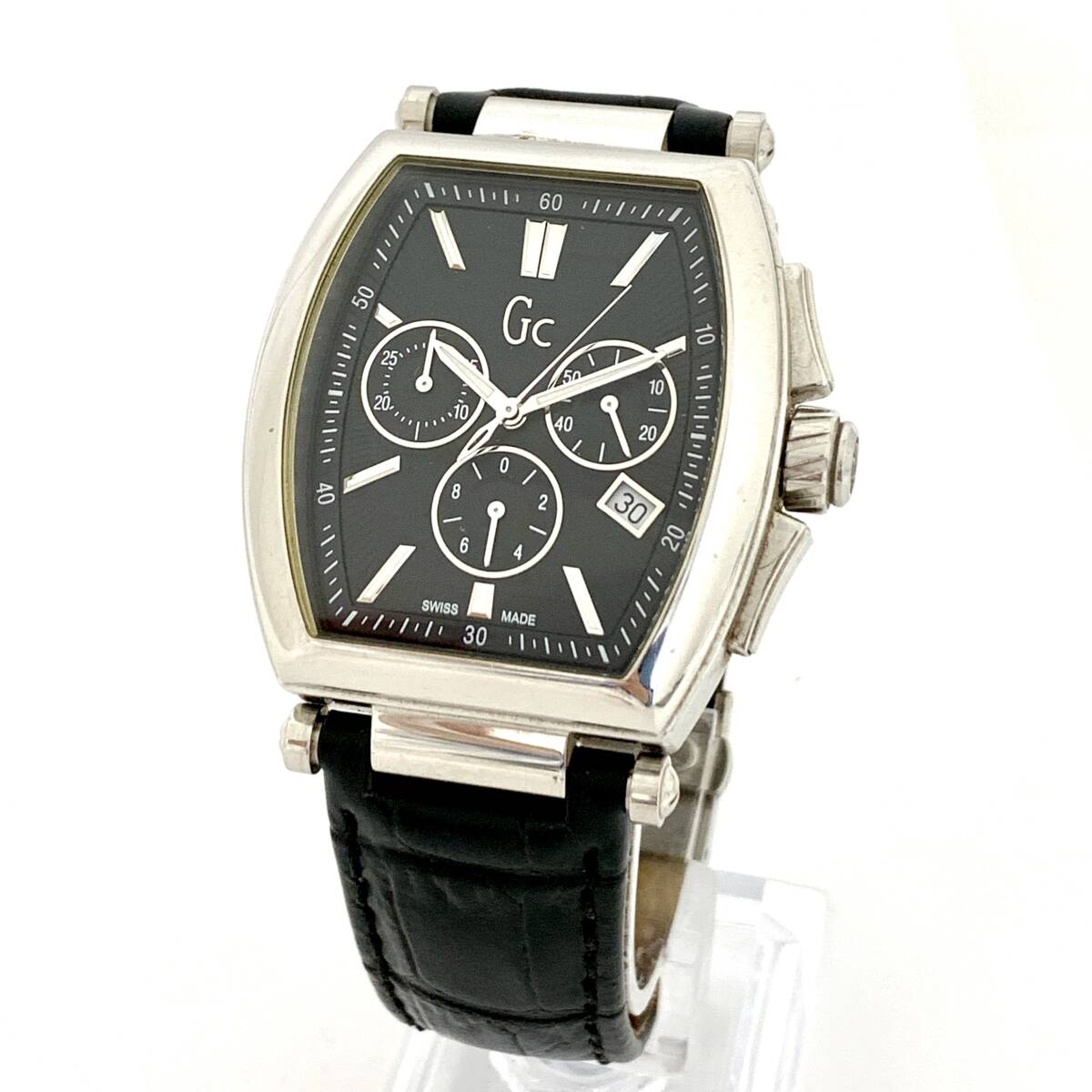 C1726□ 1円~! Gc ジーシー Guess collection A60004G2 SS×革 QZ 黒文字盤 腕時計 トノー型 クロノグラフ デイト 稼働 動作確認済拍卖