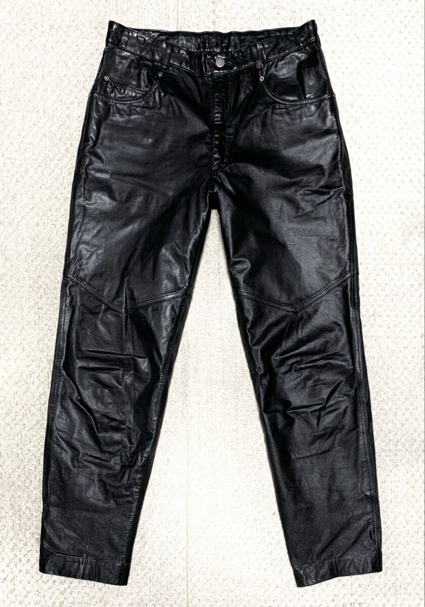 テーパード レザー パンツ 82(31-32/黒/上質.牛革/W82股下75/80s-90s/バイカー/ロカビリー/グッドロッキン dry bones type)拍卖