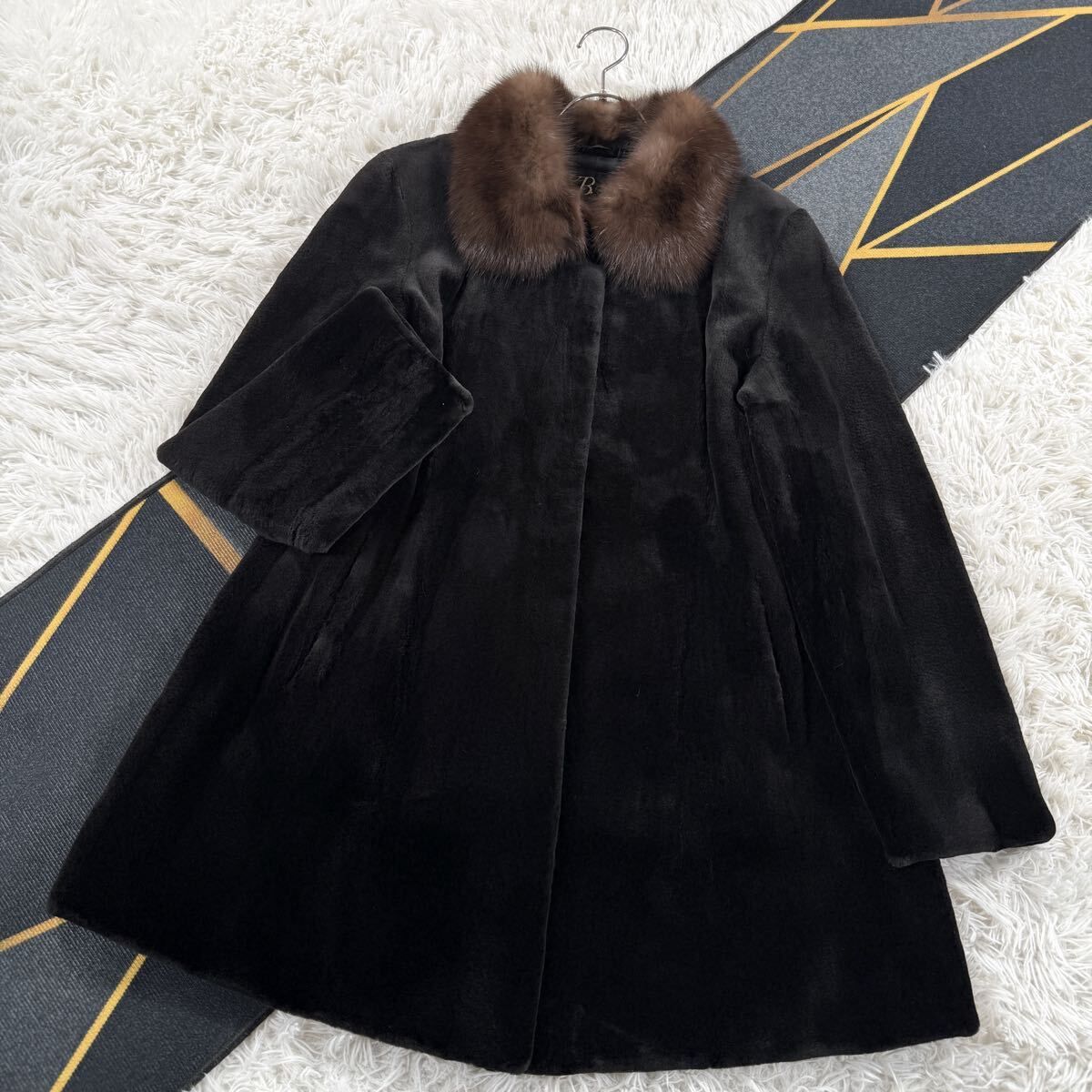美品 総丈87㎝ ロシアンセーブル シェアードミンク ブラック系 リアルファー コート 本毛皮 MINK アウター XXL 毛並み◎なめし柔らか AA565拍卖