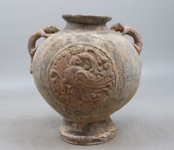 古代土器 中国美術 北斉時代 加彩獣耳扁壷 出土品 中国古陶 TK091拍卖