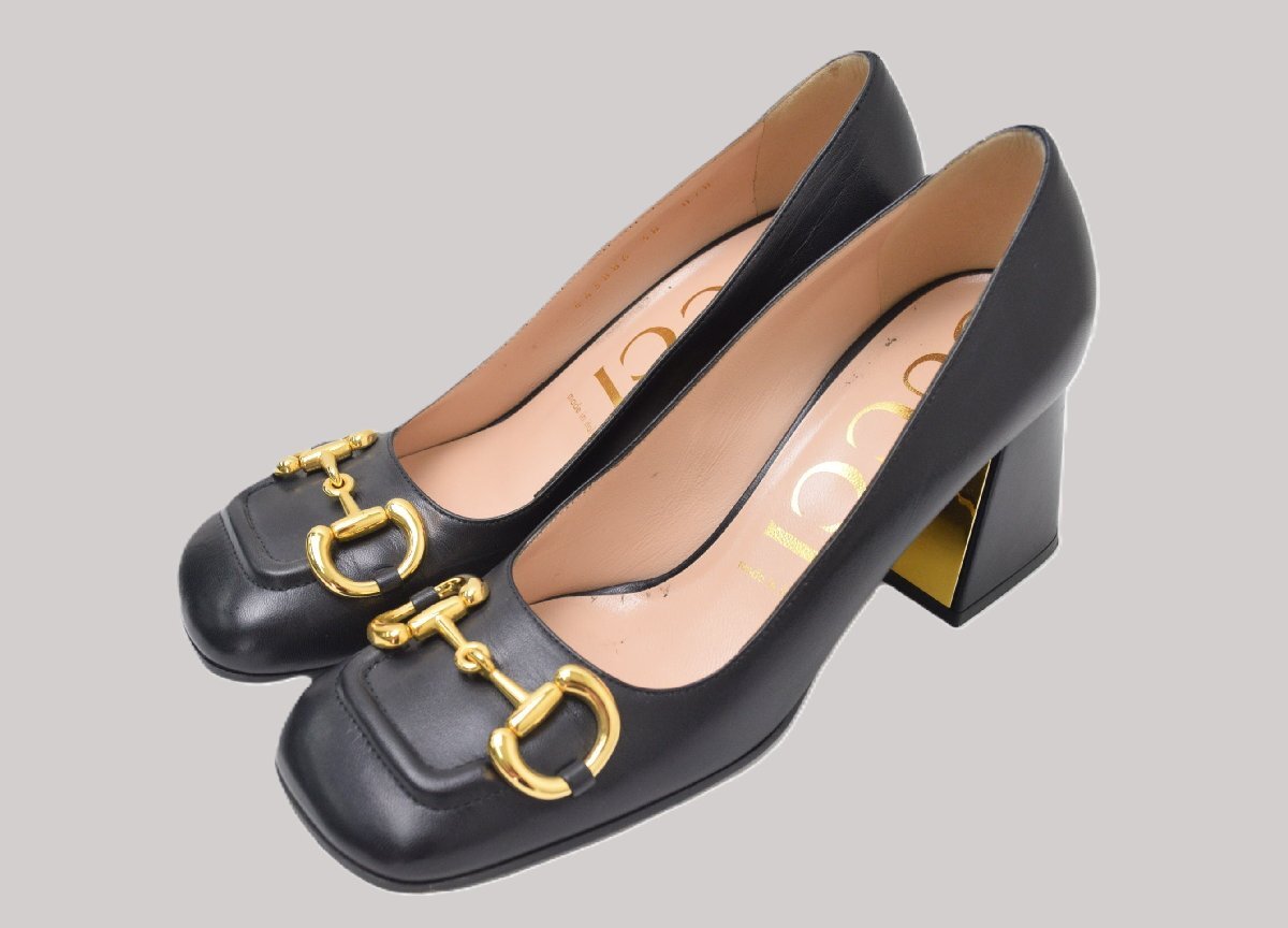 1265-26F0149★GUCCI グッチ★黒ブラック ホースビット ミッドヒールパンプス 38 約25cm 643886 レザーゴールド金具拍卖