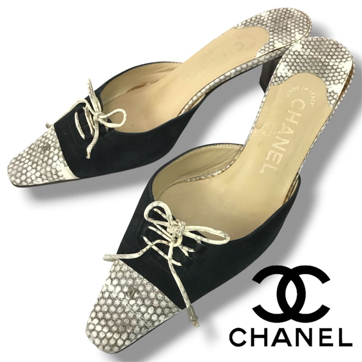 m153 CHANEL シャネル パイソンレザー ミュール ココマーク パンプス サンダル リボン レースアップ スエード 35 イタリア製 正規品 拍卖