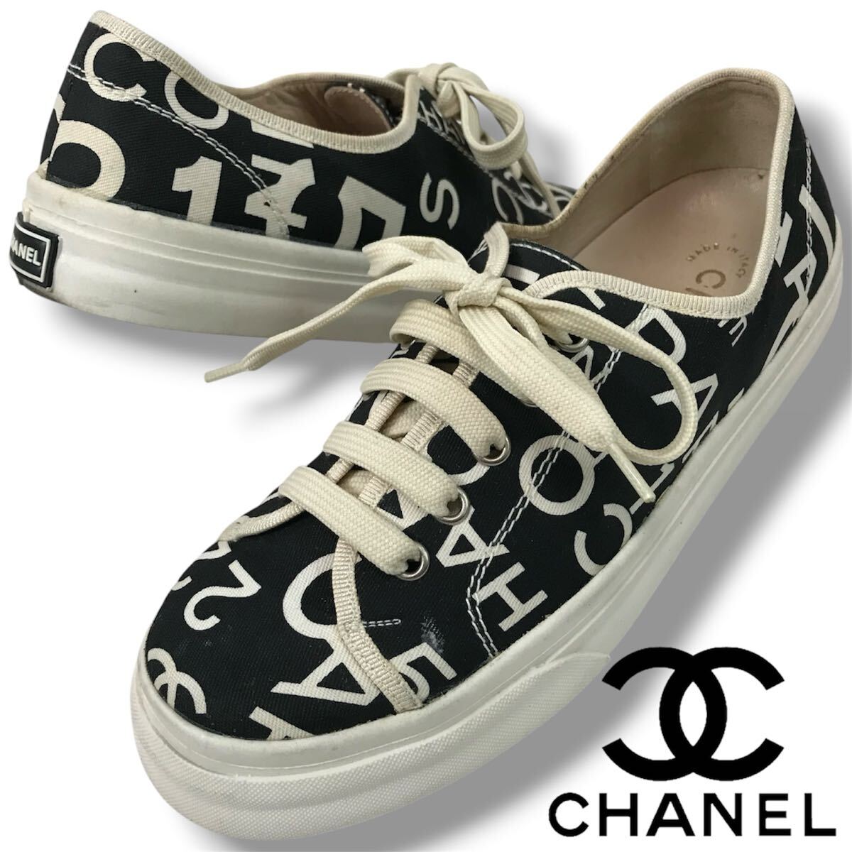 m169 COCO CHANEL ココ シャネル ロゴ キャンバス レザー スニーカー ローカット シューズ BLACK 約23.5cm レディース 正規品 イタリア製拍卖