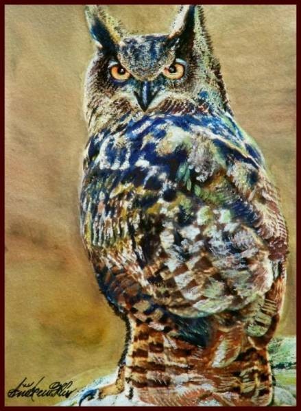 ☆☆☆☆☆水彩画 厳しい眼光 「誇り高きミミズク 怠らぬ監視」拍卖