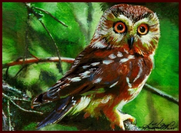 ☆☆☆水彩画 クールな面立ち 「フクロウ 美と知恵の先導」拍卖