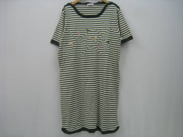 Ne-net ネネット ボーダー 半袖 ワンピース 刺繍柄 緑 白 2拍卖