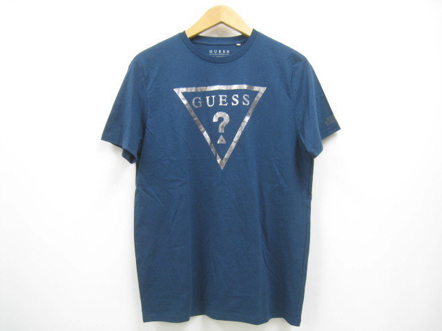 GUESS ゲス Tシャツ ロゴT 紺 ダークブルー ロゴ シルバーカラー メタリック サイズS拍卖