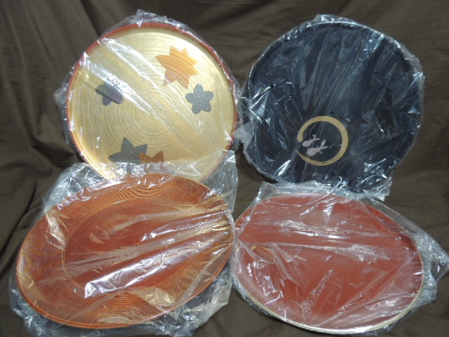 ■大阪 堺市 引き取り歓迎!■長期ストック品■お盆 4点セット 金箔丸手盆 漆塗丸手盆 春慶塗手盆 艶消し漆塗丸手盆 送料1200円■拍卖