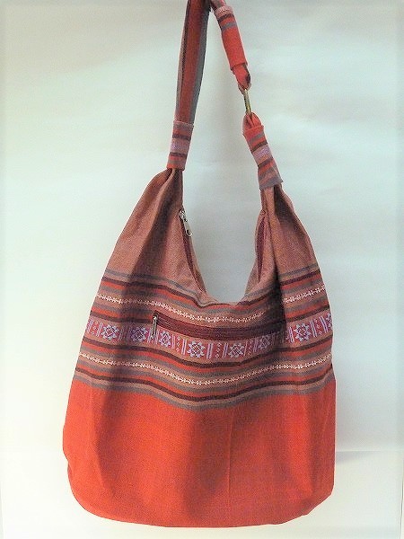 ★アジアン雑貨★コットン地ショルダーバッグ★茶/オレンジ★拍卖