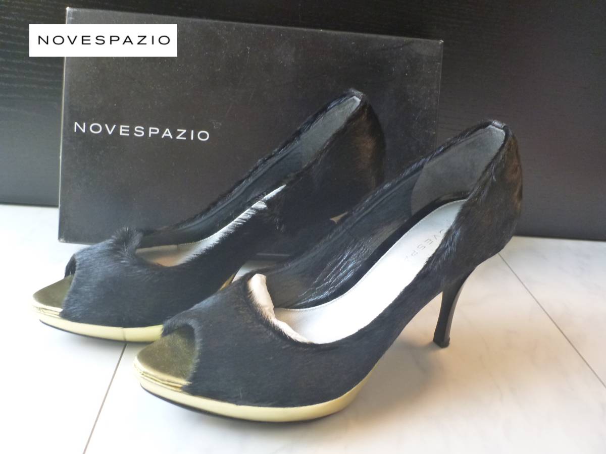 3万 新品 NOVESPAZIO ノーベスパジオ ★高級ハラコ 黒×ゴールド オープントゥパンプス 23拍卖