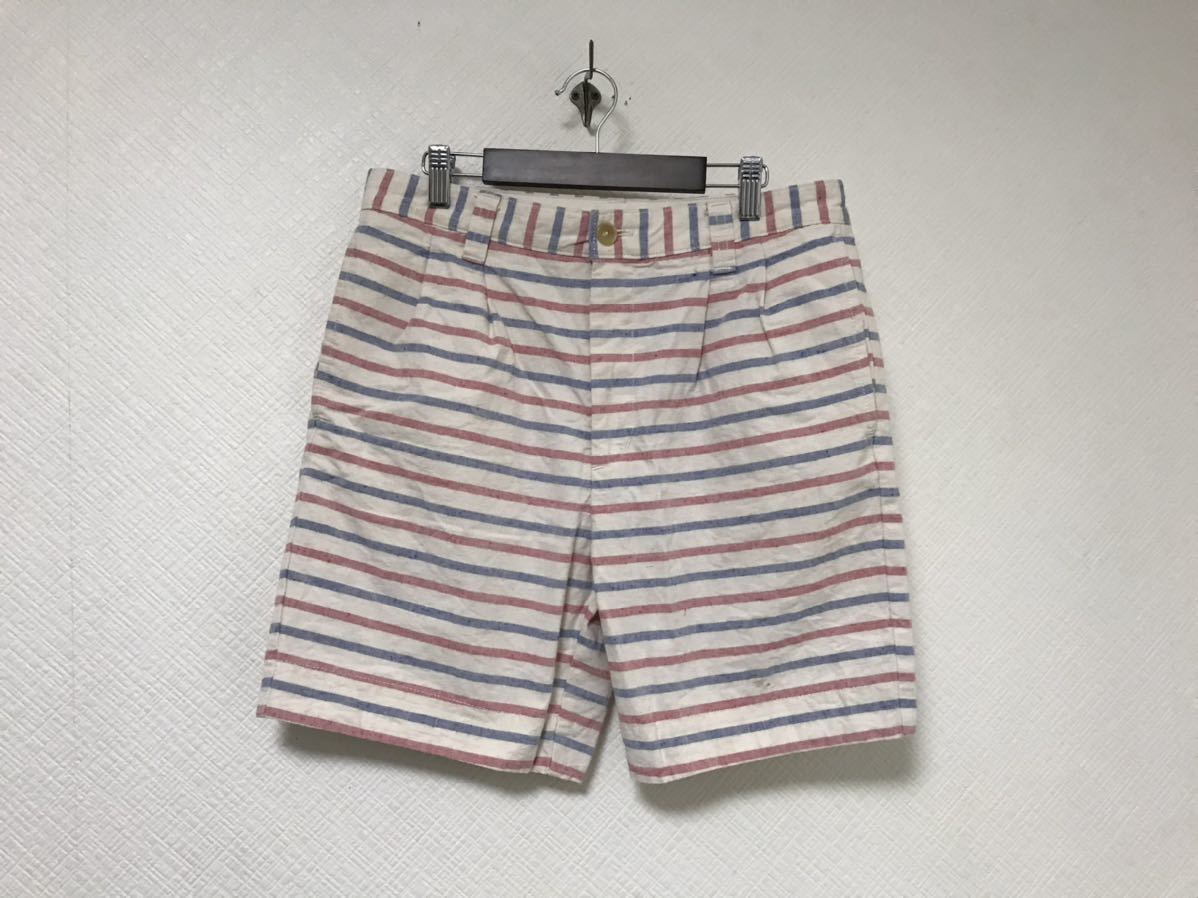美品本物アダムエロペadametropeコットンボーダーハーフパンツショートビジネススーツ白ホワイト柄メンズM拍卖