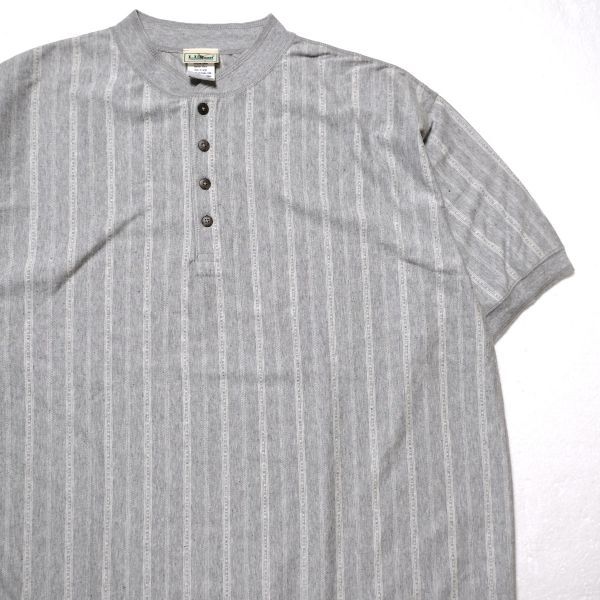 デッドストック? 90's LLBEAN LLビーン ストライプ ヘンリーネック コットン Tシャツ 半袖 (XL) 灰ベース 90年代 旧タグ オールド拍卖