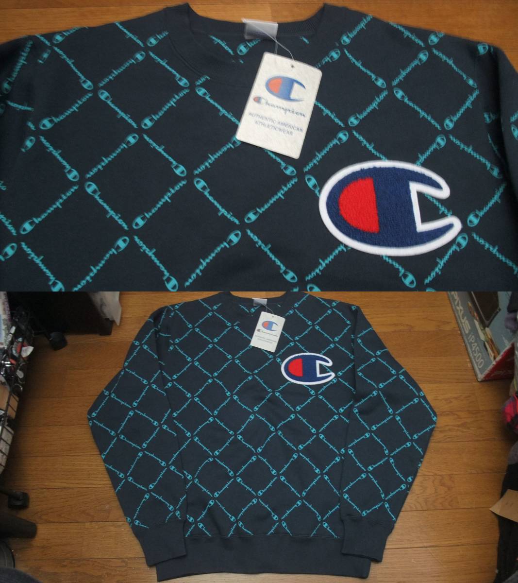 新品 チャンピオン champion 総柄 ビッグロゴ スウェット トレーナー XL ネイビー拍卖