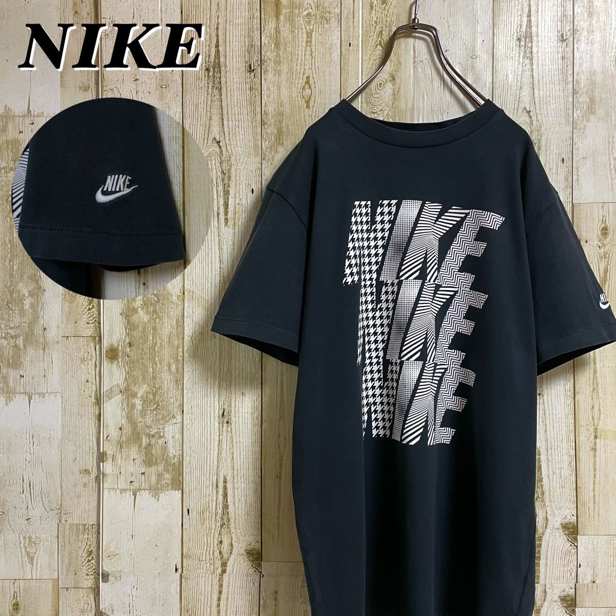 【人気デザイン】NIKE ナイキ 特大プリント 3連ロゴ 刺繍 袖ロゴ スウッシュ ビッグシルエット 半袖Tシャツ ブラック Lサイズ 古着拍卖