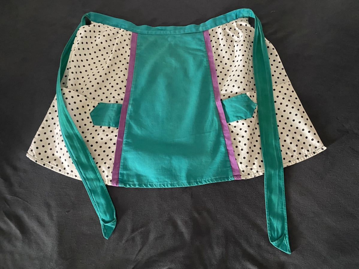 ★60s ヴィンテージ フランス 水玉 エプロン グリーン パープル 切替 レア拍卖