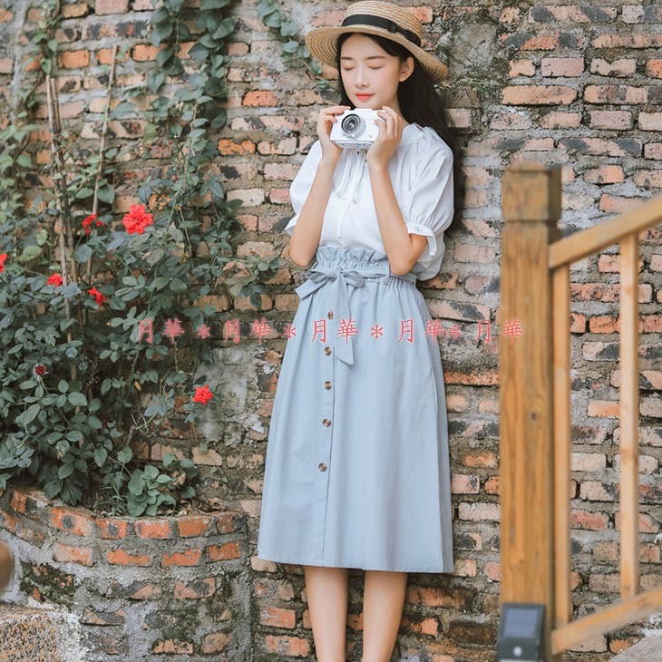 スカート 水色 F 即納 綿 前ボタン コットン 12967 森ガール 新品 即納 春 夏 秋 レディース カジュアル ミモレ丈 膝下丈 膝丈拍卖