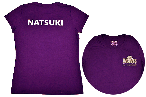 Y-1559★送料無料★超美品★WOLVES OSDSS BADMINTOM バドミントン★パープル紫色 両面プリント 薄地 半袖 T-シャツ S拍卖