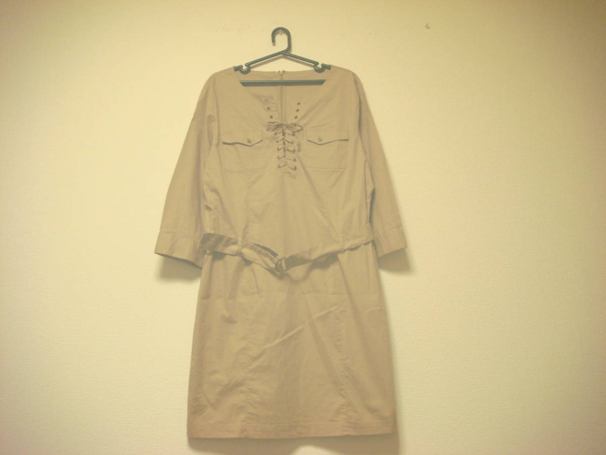 大きいサイズ オットー 編み上げ レースアップ ベルト付き ワンピース キャメル LL 美品拍卖