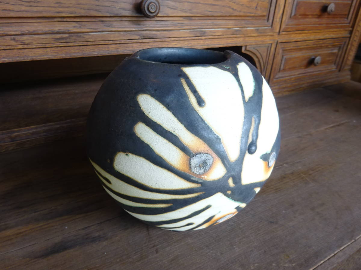 【銅緑釉の加飾花入れA】一輪挿し甕花瓶壺床の間庭園旅館茶道具茶碗棗茶筅焼き物信楽伊賀常滑陶芸薪窯自然釉風炉鉄瓶鉄釜壺甕花入拍卖