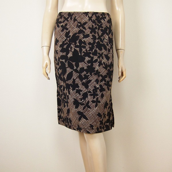 新品同様★BCBGマックスアズリア*ブラウン系チェック&ボタニカル柄*ストレッチ*ウエスト総ゴム*サラリセミタイトスカート*Sサイズ.7号.36拍卖