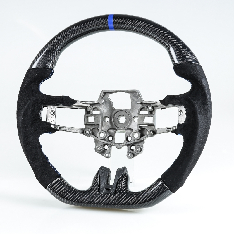 フォード用 マスタング エコブースト 5.0GT用 2015-2017 D型 ステアリング ホイール ハンドル カーボン×本革スエード×ブルー輪デザイン拍卖