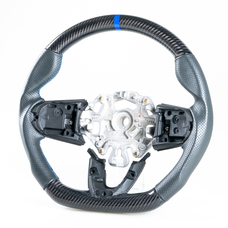 ミニ用 F54 F55 F56 F57 F60 F61用 D型 ステアリング ホイール ハンドル カーボン×本革パンチングレザー×ブルー輪デザイン拍卖