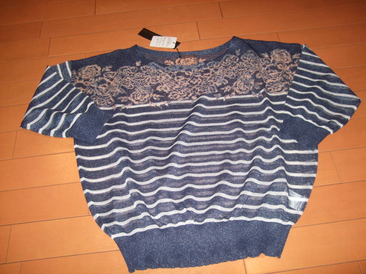 新品タグ即決 送料込☆透かし花柄ボーダーニット☆サイズM 拍卖