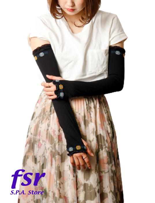 アームカバー 45cmひじ上丈 紫外線カット UV効果 接触冷感 冷房対策 手袋 アームスリーブ おしゃれなメロウお花ライン柄 Black ACV-2296-BK拍卖