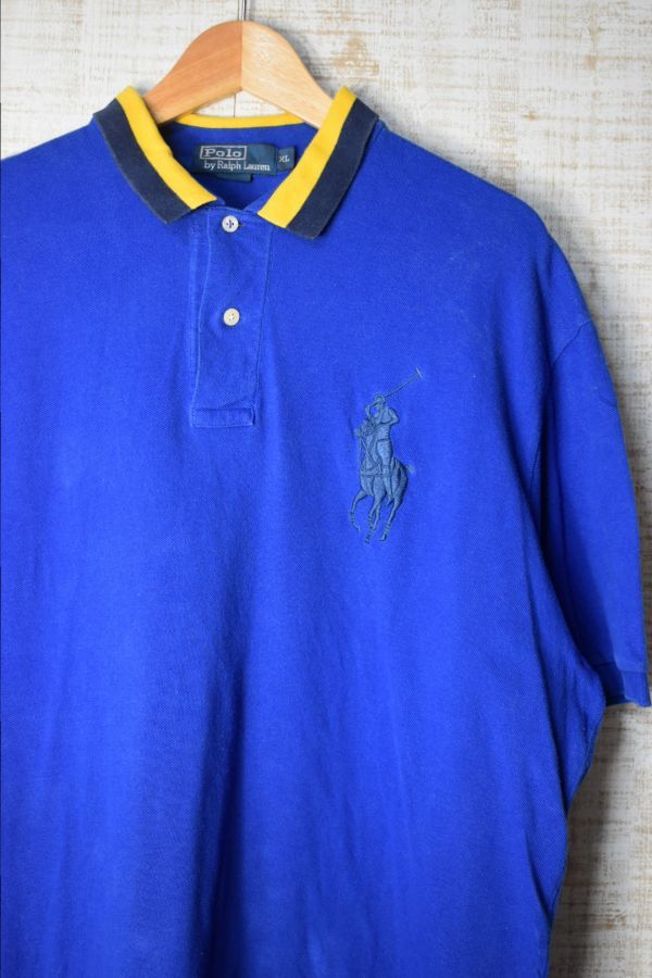 ☆ビッグサイズ US古着 POLO Ralph Lauren ラルフローレン ポロシャツ ビッグポニーロゴ刺繍 ブルー青【XL】鹿の子 ◆2991◆拍卖