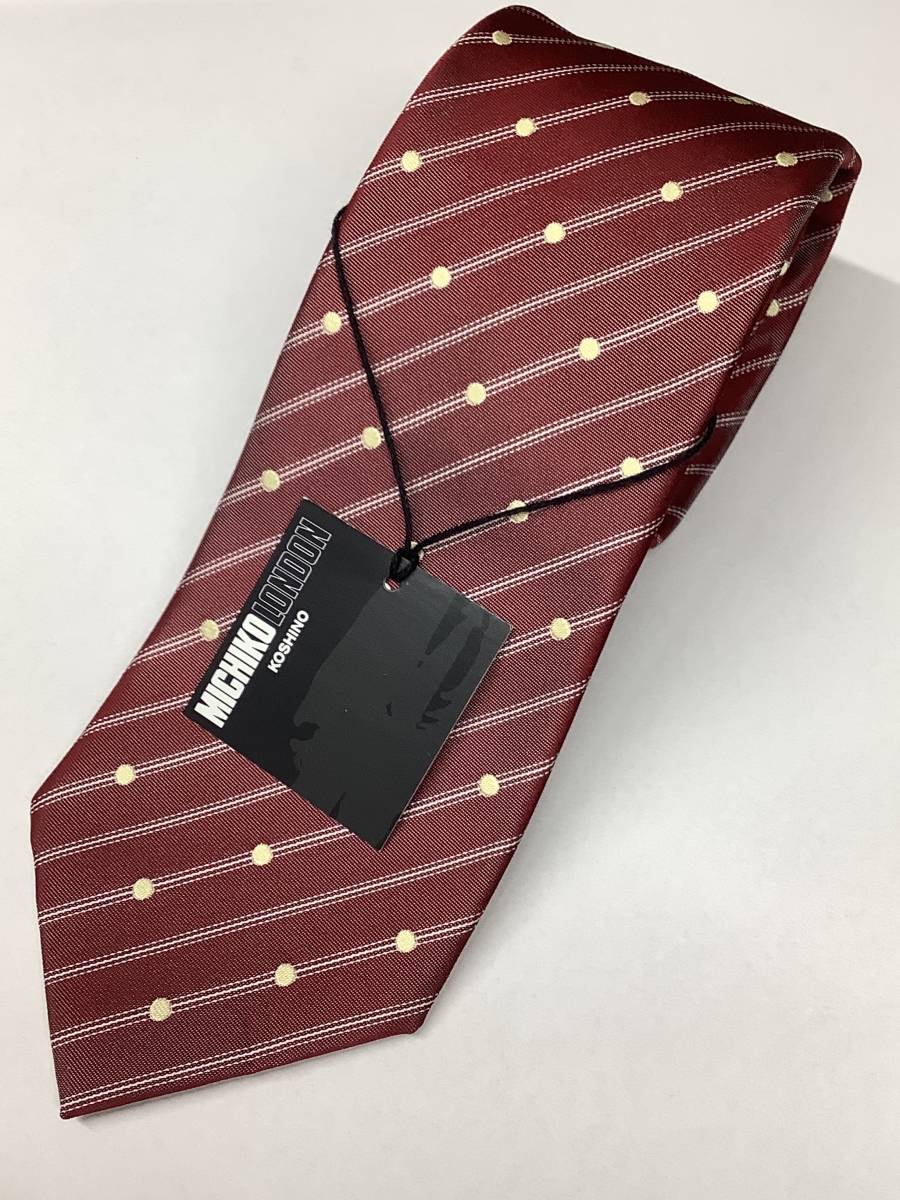 新品ミチコロンドン日本製ネクタイ かわいい赤系イエロードット 白ラインコンビ柄 シルク100%^ ^お買い得サービス拍卖