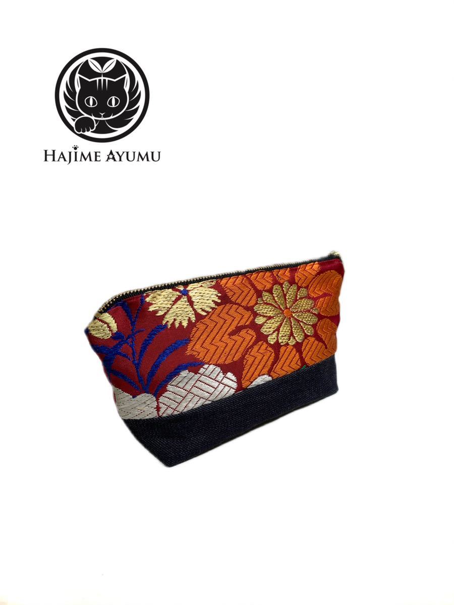【現品1点のみ!!】HAJIME AYUMU 高級柄付き着物帯リメイク&高級児島デニム切替カジュアルデザインポーチ ハンドメイド 和風 赤 和柄拍卖