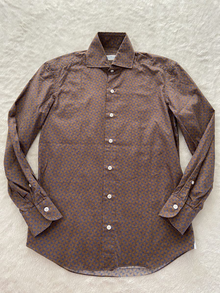 Errico Formicola sizeXS イタリア製長袖シャツ ブラウン ネイビー 柄 エリコフォルミコラ メンズ拍卖