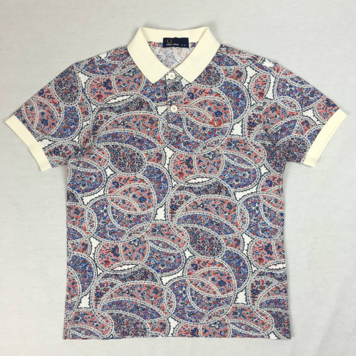 FRED PERRY フレッドペリー ポロシャツ F1429 日本製 総柄 白/青/赤 Mサイズ 鹿の子 半袖シャツ拍卖