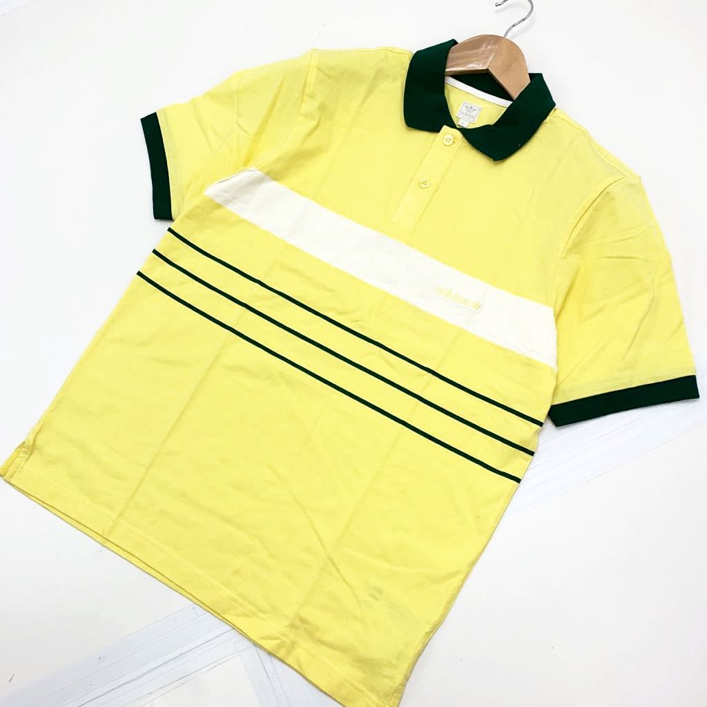 ■アディダス adidas イエロー × グリーン 半袖 ポロシャツ Lサイズ 【後ろ裾に染み有】【スポーティ 好シルエット♪】■DB57拍卖