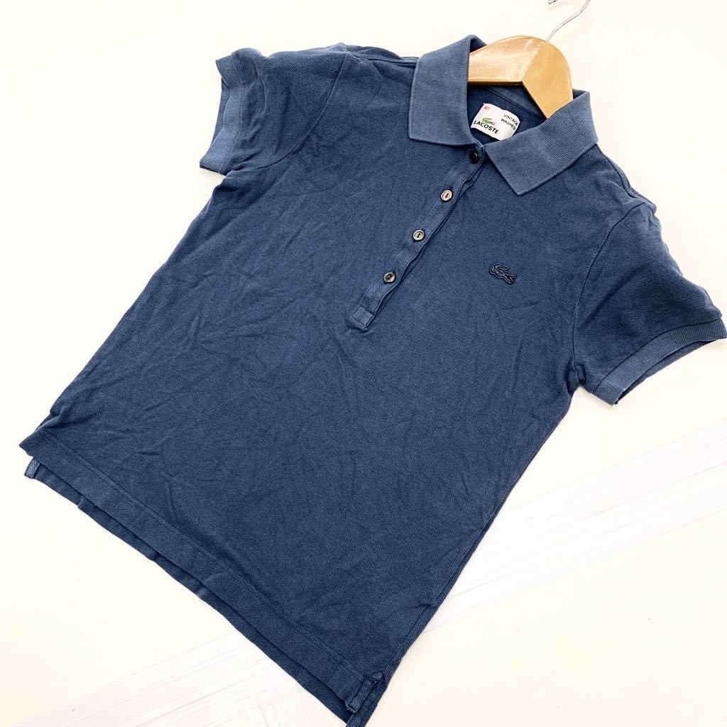 ■ラコステ LACOSTE ビンテージ ウォッシュ 40サイズ レディース ポロシャツ ネイビー 濃紺 【細身 きれいなシルエット】■F80拍卖