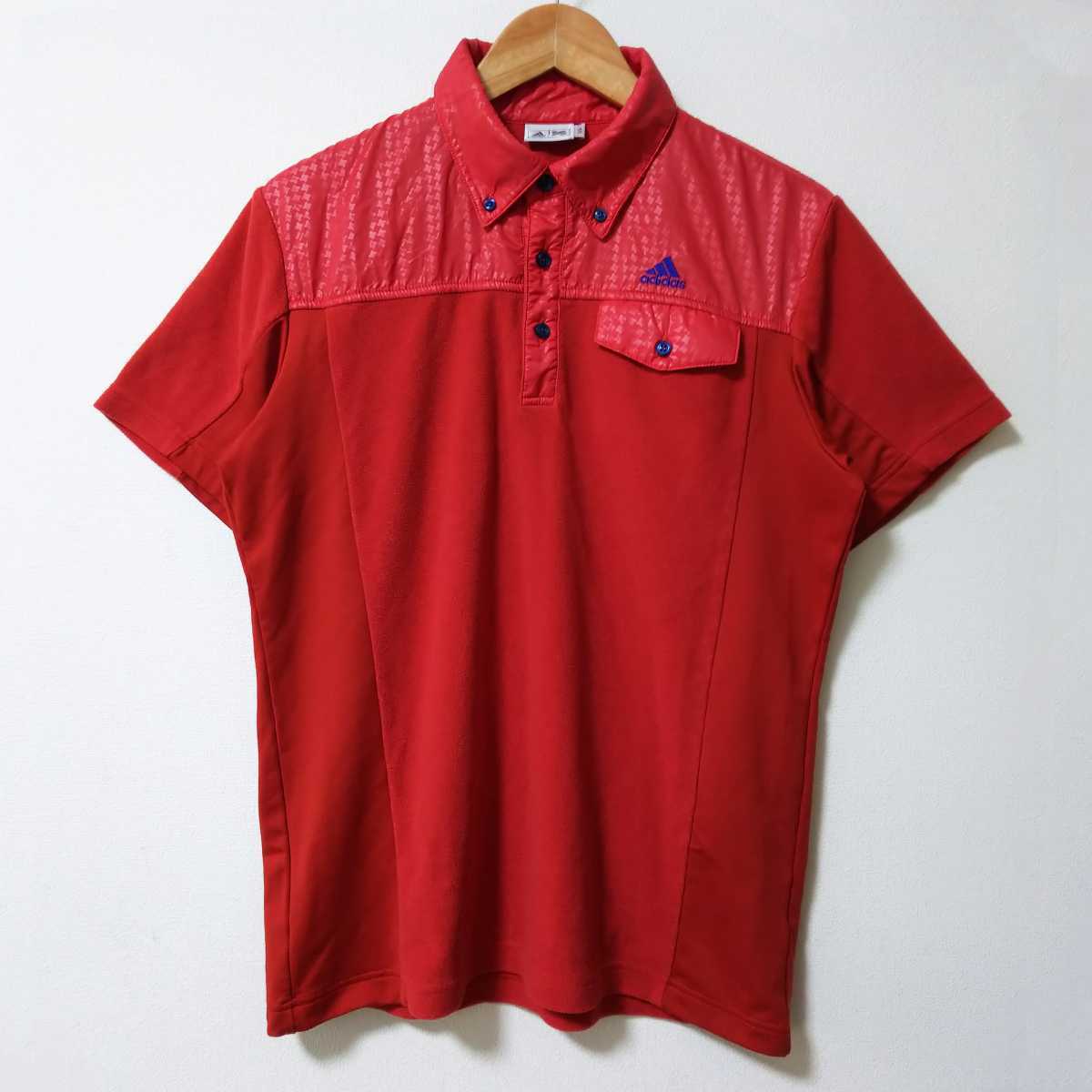 【ゴルフ】adidas アディダス テーラーメイドゴルフ フリース 半袖 ボタンダウン ポロシャツ Lサイズ レッド ワンポイント刺繍ロゴ拍卖