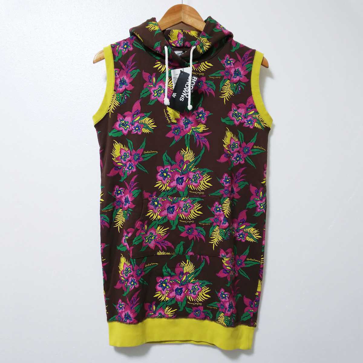 【新品タグ付き】RODEO CROWNS ロデオクラウンズ ノースリーブ パーカー ワンピース レディース Sサイズ 茶系 花柄 裏毛 未使用 自宅保管品拍卖