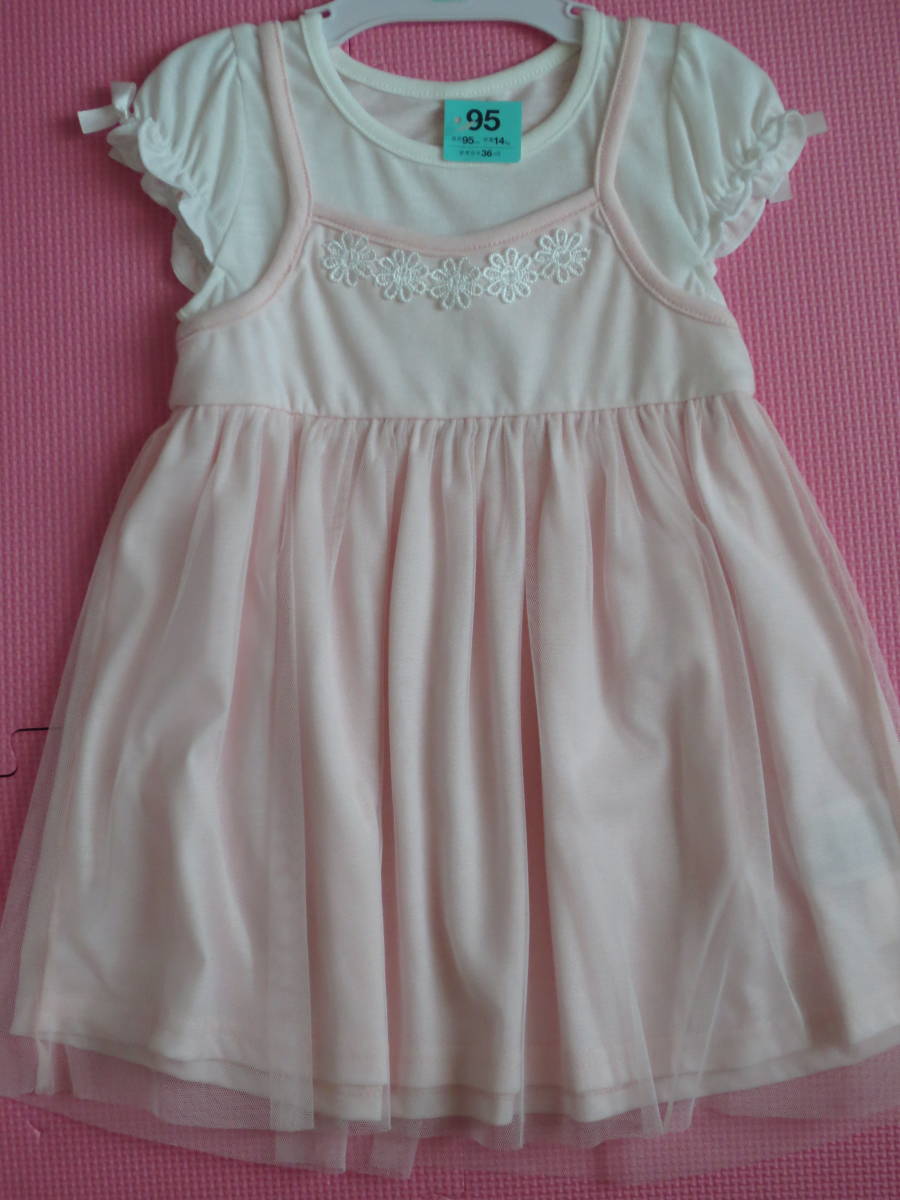 新品 95 チュールスカート 半袖ワンピース ピンク リボン付 袖フリル半袖Tシャツにキャミソール重ね着風 女の子 春物 夏物 入園式 送料無料拍卖