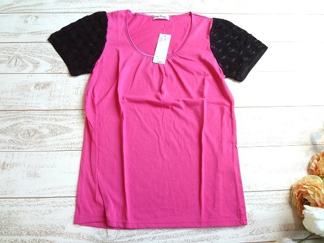 新品 定価1900円 Leap Lippin 黒 ピンク レース袖 半袖 カットソー Tシャツ トップス リープリッピン拍卖