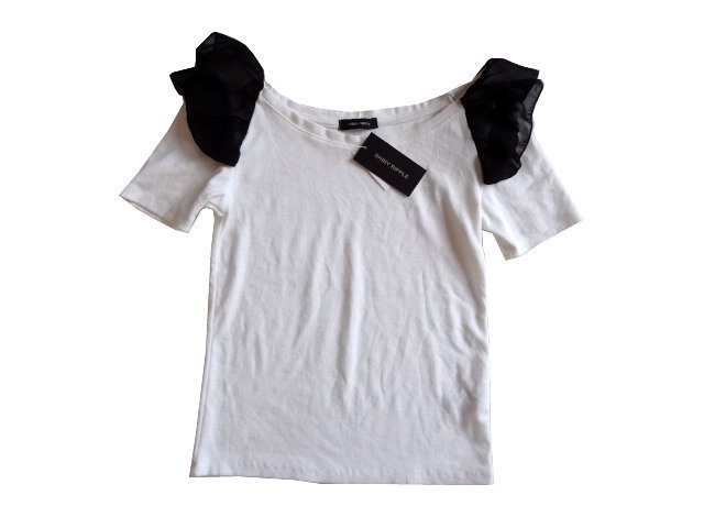 新品 SHINY RIPPLE 黒シフォン フリル使い 白 Tシャツ カットソー トップス M レディース拍卖